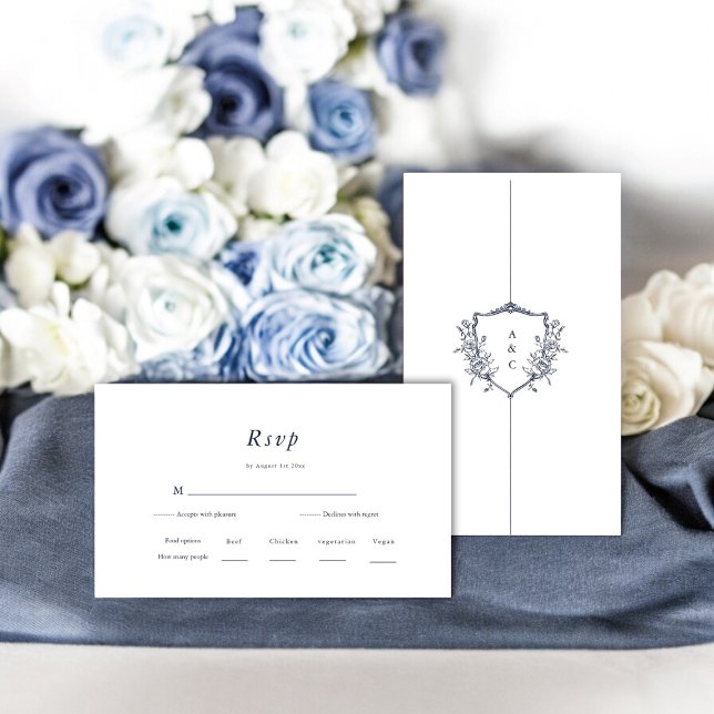 Minimalistisk och Chic | Marinblå och Vit Bröllops Tilläggskort (modern elegant crest rsvo card )