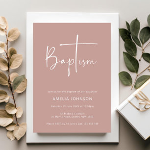 Minimalistisk och enkel fotolybaptism vid rosa inbjudningar