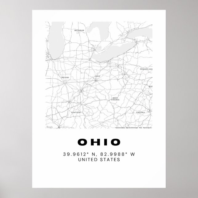 Minimalistisk Ohio Karta Art - Svartvit Poster (Framsidan)