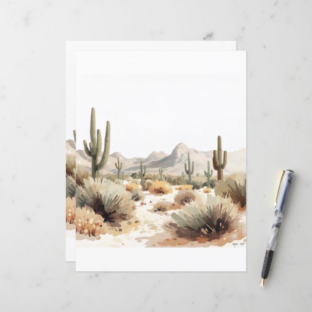 Minimalistisk öken Saguaro-kaktus akvarellkonst  (Fram/Back In Situ)