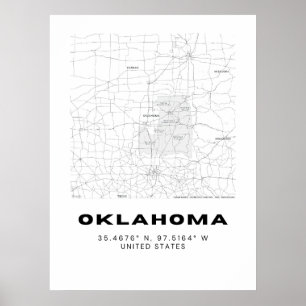 Minimalistisk Oklahoma Karta Art - Svarta och vita Poster