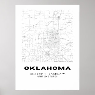 Minimalistisk Oklahoma Karta Art - Svarta och vita Poster