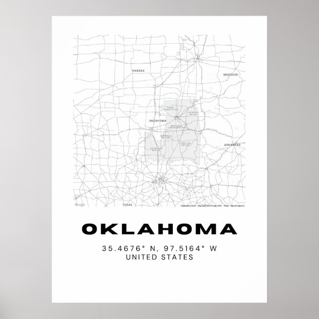 Minimalistisk Oklahoma Karta Art - Svarta och vita Poster (Framsidan)