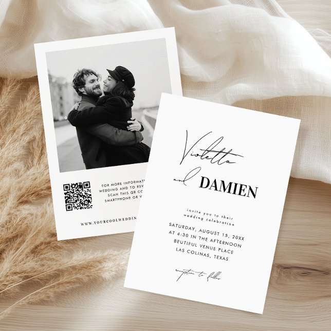 Minimalistisk olika teckensnitt Foto QR-kod Bröllo Inbjudningar (Skapare uppladdad)