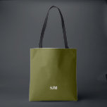 Minimalistisk oliv grönt anpassningsbar monogram i tygkasse<br><div class="desc">Minimalistisk elegant enkel modern grönt av olivmossar och vit Anpassningsbar monogram initialer namn personlig fast färg Tote Bag</div>