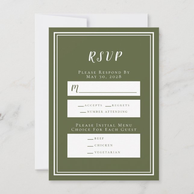 Minimalistisk Olivgrön Bröllops-RSVP-Meny Kort (Framsida)