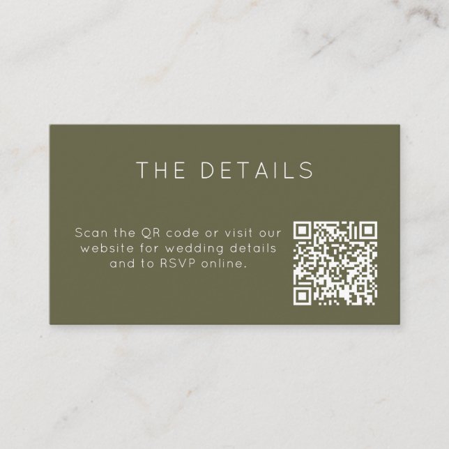 Minimalistisk Olivgrön Bröllops-RSVP Online QR-kod Tilläggskort (Framsida)