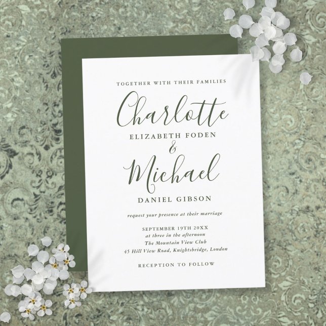 Minimalistisk Olivgrön Bröllopsinbjudan i Script-s Inbjudan Vykort (Minimalist Olive Green Script Wedding Invitation)