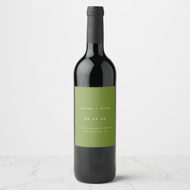 Minimalistisk Olivgrön Bröllopssköld med Anpassade Vinflaska Etikett (Framsida)