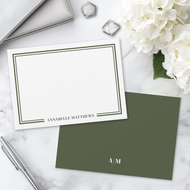 Minimalistisk olivgrön dubbelkant monogram anteckningskort (Minimalist Olive Green Two Border Monogram Note Card)