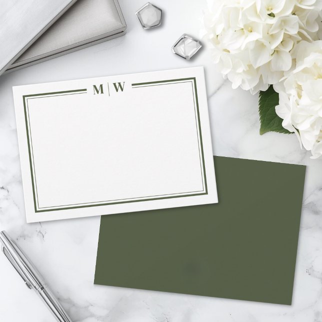 Minimalistisk Olivgrön Två Ramar Monogram Anteckningskort (Minimalist Olive Green Two Border Monogram Note Card )