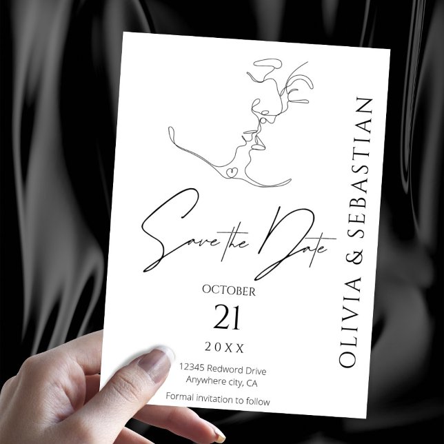 Minimalistisk One Line Art Kissing par Bröllop Spara Datumet (Skapare uppladdad)