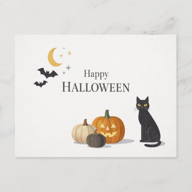 Minimalistisk Orange Pumpa Svart Katt Halloween Helg Vykort (Framsida)