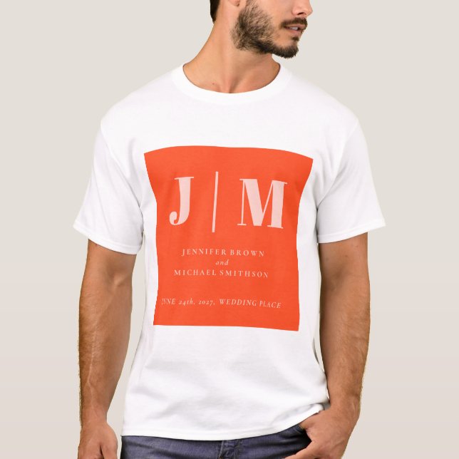 Minimalistisk orange rosa enkel monogram bröllop t shirt (Framsida)