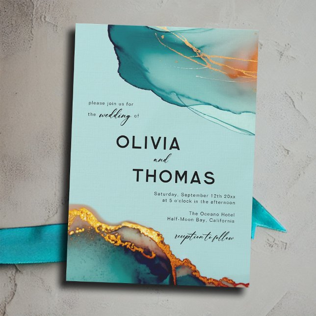 Minimalistisk Orange: Teal Modern Script Fall Wed Inbjudningar (minimalist modern elegant orange and teal wedding invitation watercolor beach autumn fall romantic)