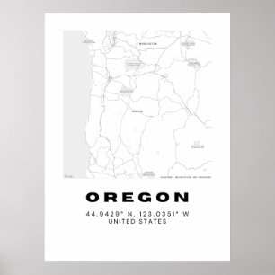 Minimalistisk Oregon Karta Art - Svartvit Poster