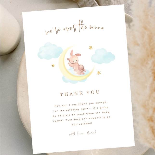Minimalistisk över Måne Bunny Cloud Baby Shower Tack Kort (Minimalist Over The Moon Bunny Cloud Baby Shower Thank You Card)