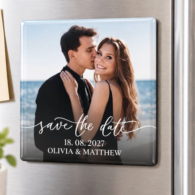 Minimalistisk överlagring för svart-vit bröllopsfo magnet (Minimalist Photo Overlay Black White Wedding Magnet)