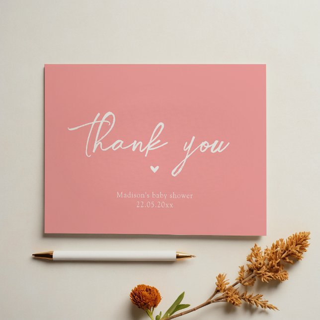 Minimalistisk Pastel Rosa Calligraphy Baby Shower Tack Kort (Skapare uppladdad)