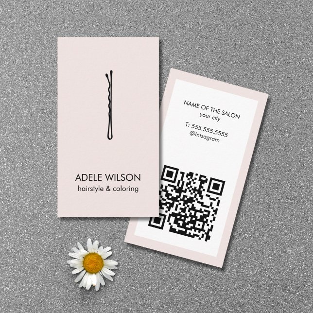 Minimalistisk Pastel White QR-kod Hair Pin Salon Visitkort (Skapare uppladdad)