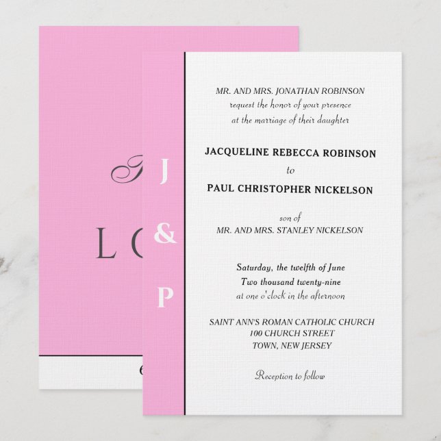 Minimalistisk Pastell Ljus Rosa Vit Monogram Inbjudningar (Fram/baksida)