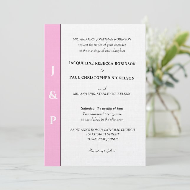 Minimalistisk Pastell Ljus Rosa Vit Monogram Inbjudningar (Stående Fram)