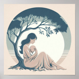 Minimalistisk Pastellkonst av Mamma med Bebis Poster