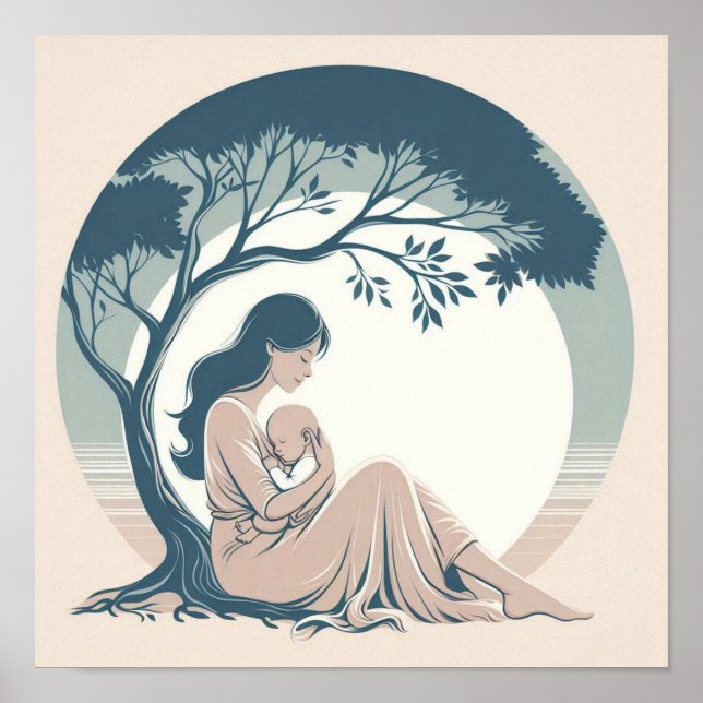 Minimalistisk Pastellkonst av Mamma med Bebis Poster (Framsidan)