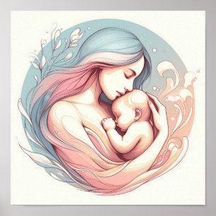 Minimalistisk Pastellkonst av Mamma med Bebis Poster