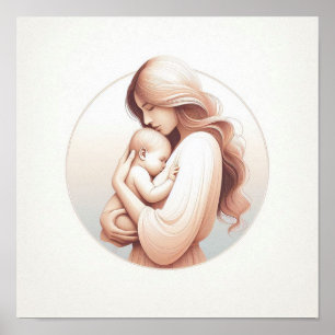 Minimalistisk Pastellkonst av Mamma med Bebis Poster