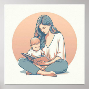 Minimalistisk Pastellkonst av Mamma med Bebis Poster