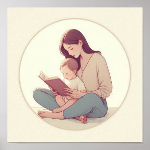 Minimalistisk Pastellkonst av Mamma med Bebis Poster