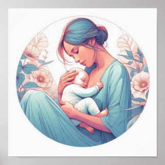 Minimalistisk pastellkonst av mamma med bebis poster