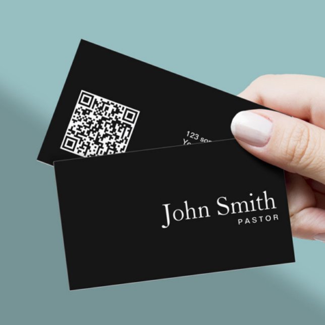 Minimalistisk Pastor Plain Black QR-kod Visitkort (Skapare uppladdad)