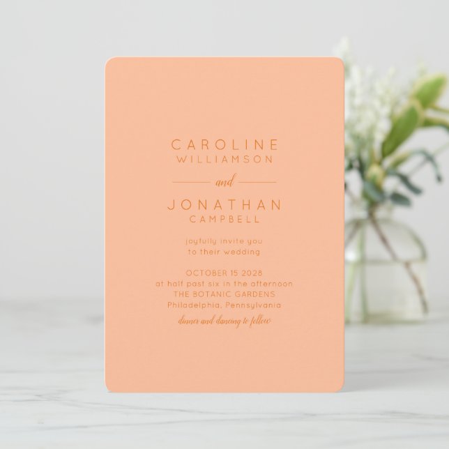 Minimalistisk Peach Orange Elegant Modern Bröllop Inbjudningar (Stående Fram)