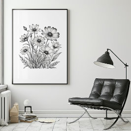 Minimalistisk pennskiss av sommarblommor poster