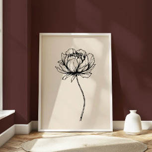 Minimalistisk Peony Line Art Elegant Blommigt Blac Poster
