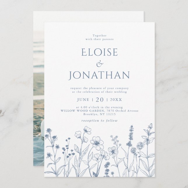 Minimalistisk Periwinkle Wildblomfoto Bröllop Inbjudningar (Fram/baksida)