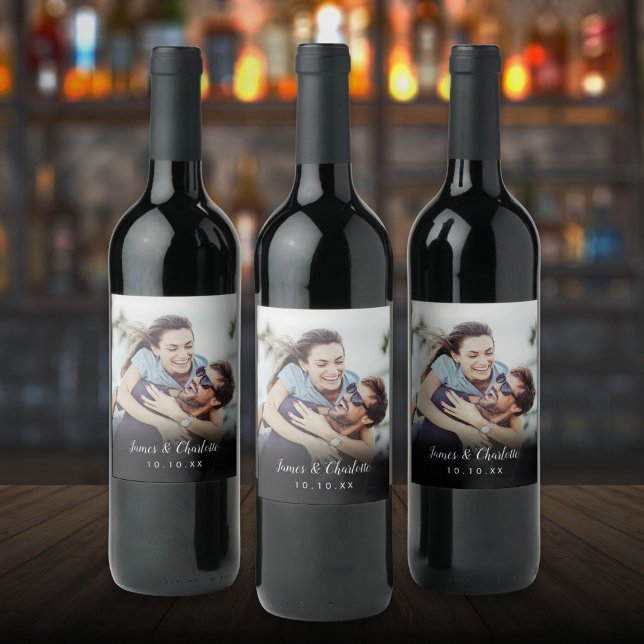 Minimalistisk Personlig Fotografi Namn Datum Vinflaska Etikett (Minimalist Personalized Photo Script Name Date Wine Label)