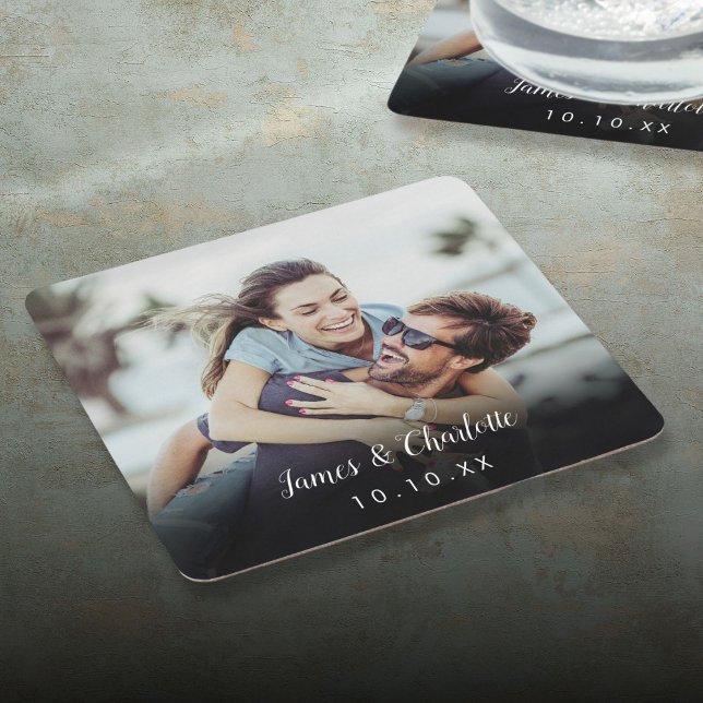 Minimalistisk Personlig Fotografi Skript Namn Datu Underlägg Papper Kvadrat (Minimalist Personalized Photo Script Name Date Square Paper Coaster)