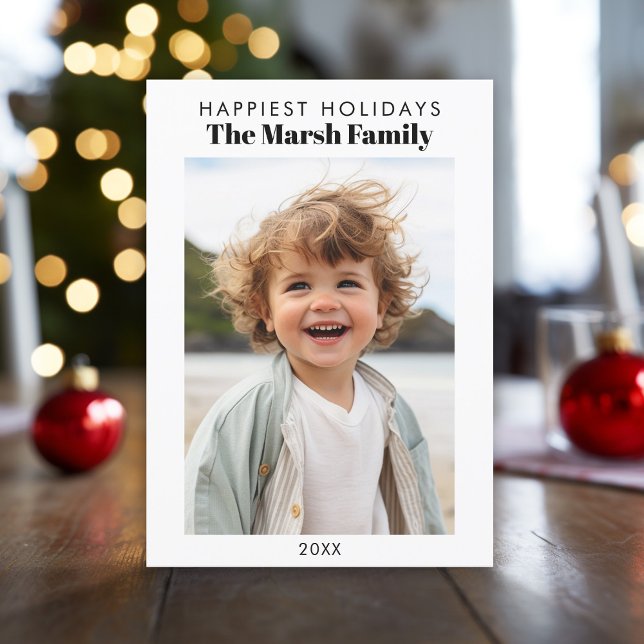 Minimalistisk Photo White Gräns Handskriftlig Happ Julkort (Modern, minimal Christmas Greeting card with photo, white border and mod text.)