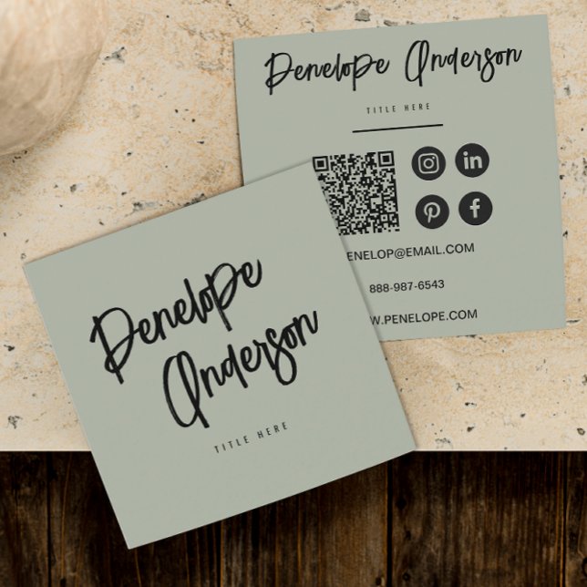 Minimalistisk Pistachio-Grönt QR-kod Modern Boho Fyrkantigt Visitkort (Skapare uppladdad)