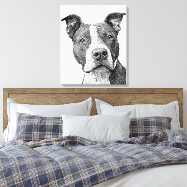 Minimalistisk Pitbull Siluett Svart och Vitt Canvastryck (Insitu (sovrum))