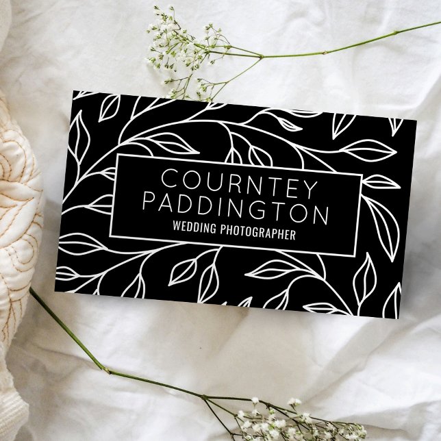 Minimalistisk Professionell för svart och vit Blom Visitkort (Minimalist black greenery design business cards)