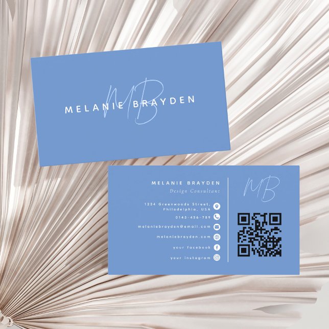 Minimalistisk Professionell, Monogram QR-kodblått Visitkort (Skapare uppladdad)