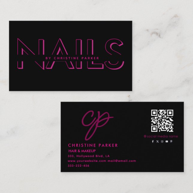 Minimalistisk professionell nagel monogram Qr-kod Visitkort (Fram/baksida)