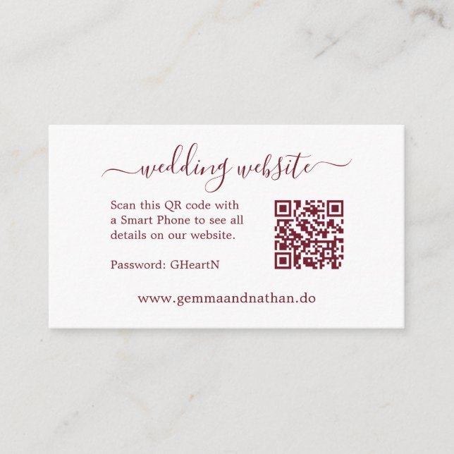 Minimalistisk QR-kod Burgundy Small Bröllop-webbpl Tilläggskort (Framsida)