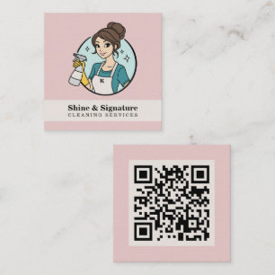 Minimalistisk QR-kod Rosa Städhjälpstjänster Fyrkantigt Visitkort