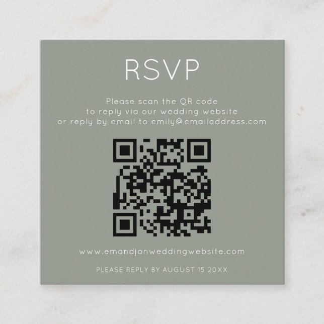 Minimalistisk QR-kod Sage Green bröllop RSVP Tilläggskort (Framsida)