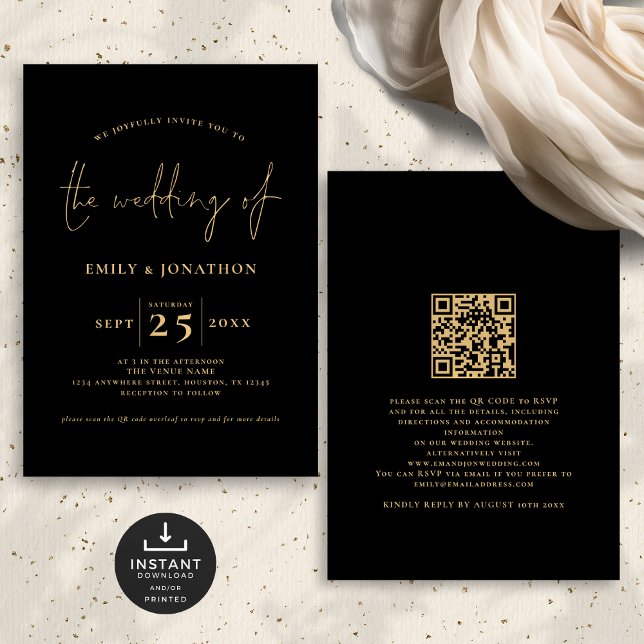 Minimalistisk QR-kod, svart Guld Bröllop Inbjudningar (Front and back view)